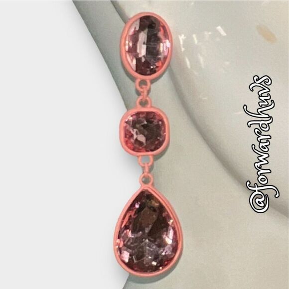 Pink Powdered Metal Dangle Bling Earrings with Faceted Pink Glass Rhinestones - Picture 6 of 10
